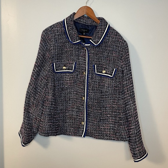 Talbots Womens Plus 22w Breeze Tweed Jacket Blazer Braided Trim Blue Pink NWT - Picture 2 of 10